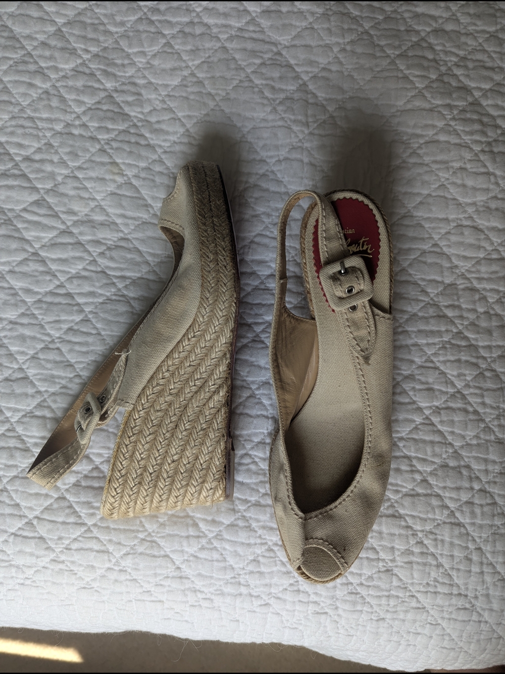 Christian Louboutin Beige Canvas Slingback Wedge Espadrilles - Size 41